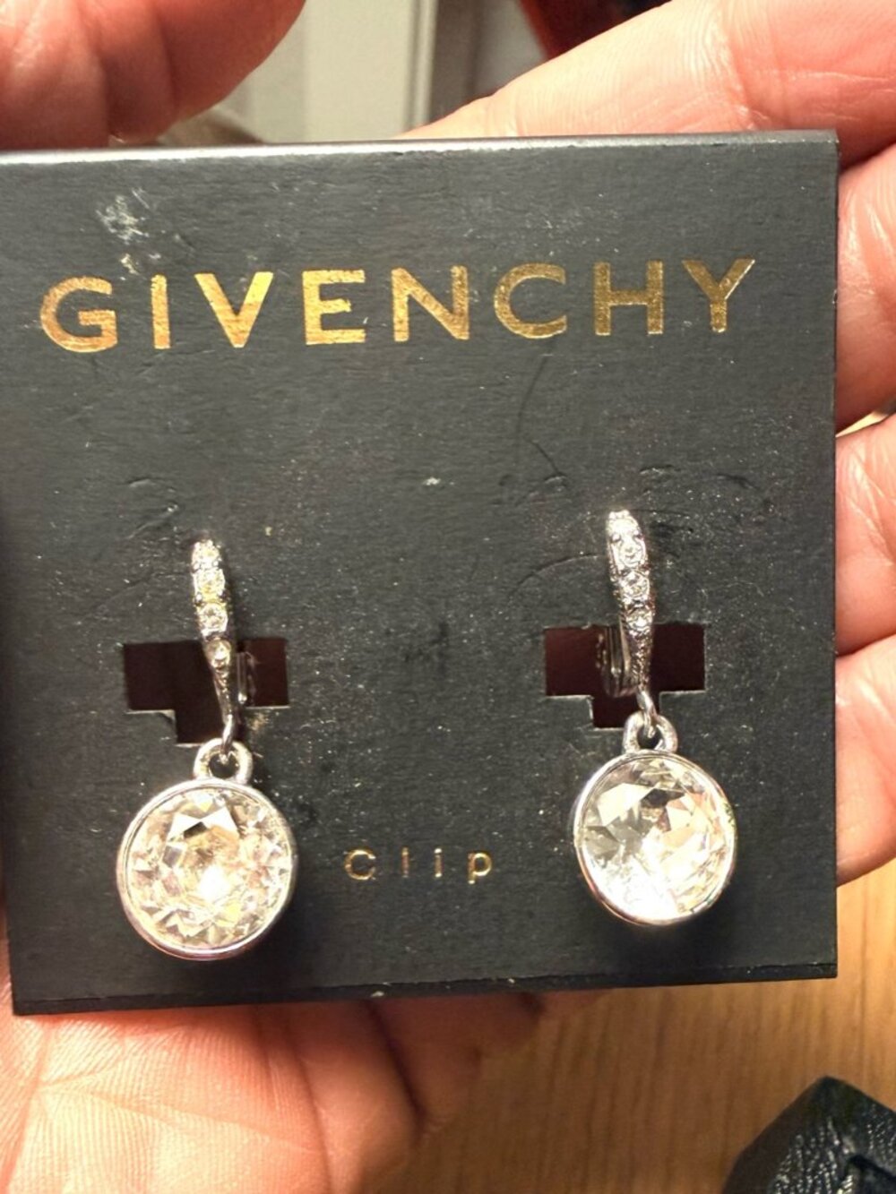 NWT Givenchy Clear Rhinestone Silver Tone Clip On Dangle Earrings